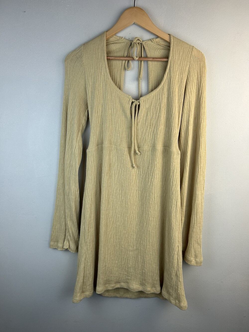 Free People Brynne Mini Dress Sz L Keyhole Open Tie Back Long Bell Sleeve Yellow